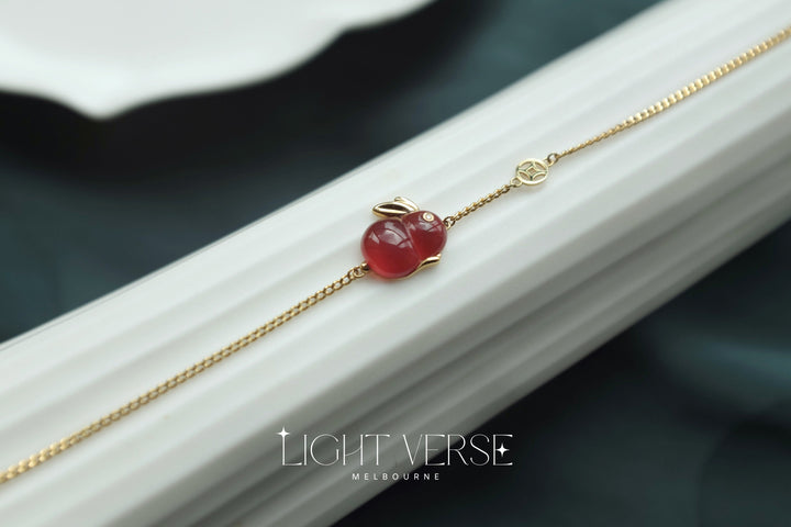 Red Rabbit - 18K Solid Gold Red Agate Lucky Rabbit Bracelet, Year of Rabbit, 2023 lunar New Year Lucky Charm Bracelet, Gift for Her