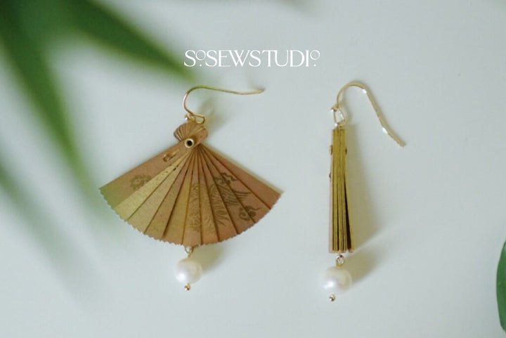 Hidden Heroine - Antique Folding Fan Earrings – Redesign with antique pieces, 14K Gold Filled and Pearl, Gift for Her, Bridal Jewellery