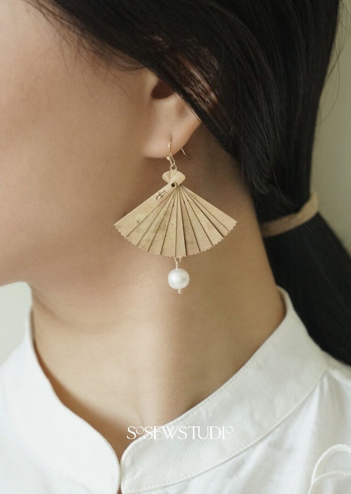 Hidden Heroine - Antique Folding Fan Earrings – Redesign with antique pieces, 14K Gold Filled and Pearl, Gift for Her, Bridal Jewellery