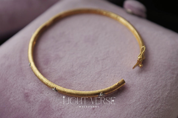 Golden Silk Bangle - 18K Solid Gold Set With Diamonds, Italian Ancient Engraving Technique