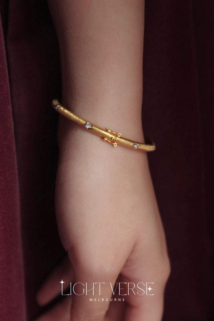 Golden Silk Bangle - 18K Solid Gold Set With Diamonds, Italian Ancient Engraving Technique