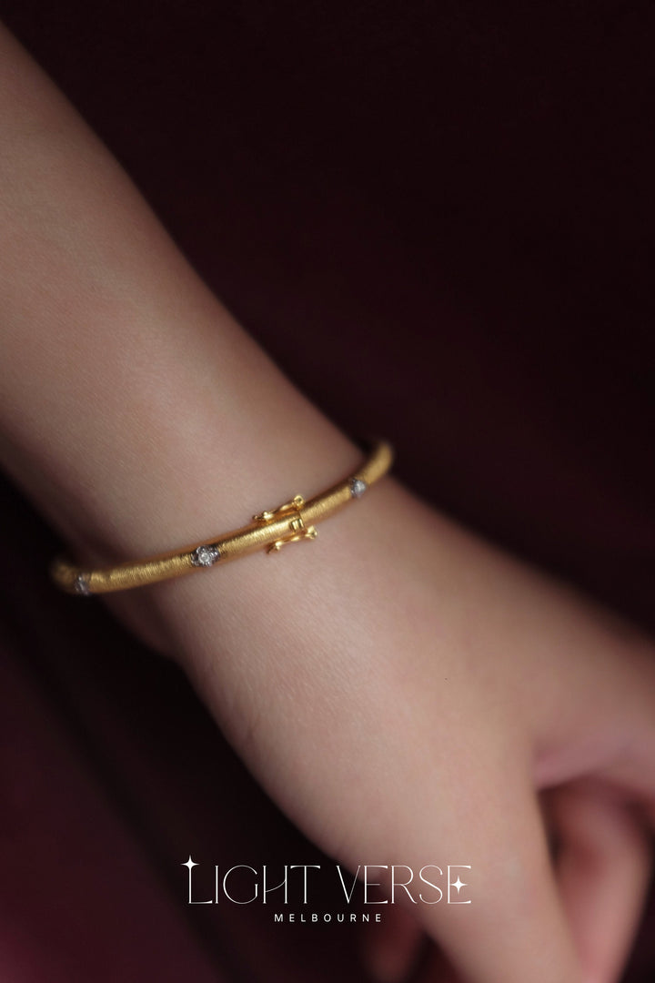 Golden Silk Bangle - 18K Solid Gold Set With Diamonds, Italian Ancient Engraving Technique