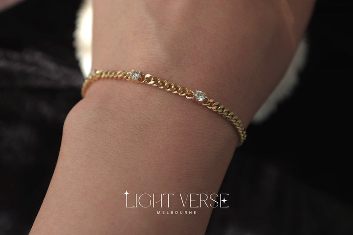 Chin Up Chain Cuban Link Chain Bracelet - 18K Solid Gold set with 3 Diamonds, Gold Cuban Link Chain Bracelet