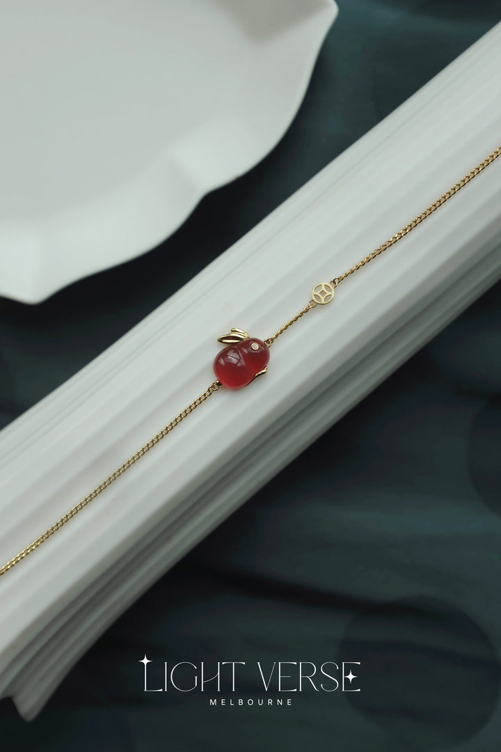 Red Rabbit - 18K Solid Gold Red Agate Lucky Rabbit Bracelet, Year of Rabbit, 2023 lunar New Year Lucky Charm Bracelet, Gift for Her