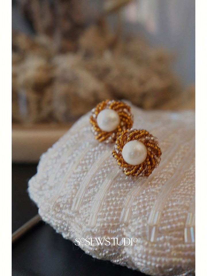 Golden Age Stud Earrings - Japanese Seed Beads, Natural Freshwater Pearl, Retro Jewellery, Vintage Style Jewellery