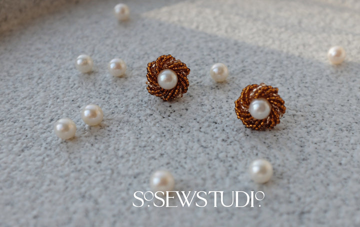 Golden Age Stud Earrings - Japanese Seed Beads, Natural Freshwater Pearl, Retro Jewellery, Vintage Style Jewellery