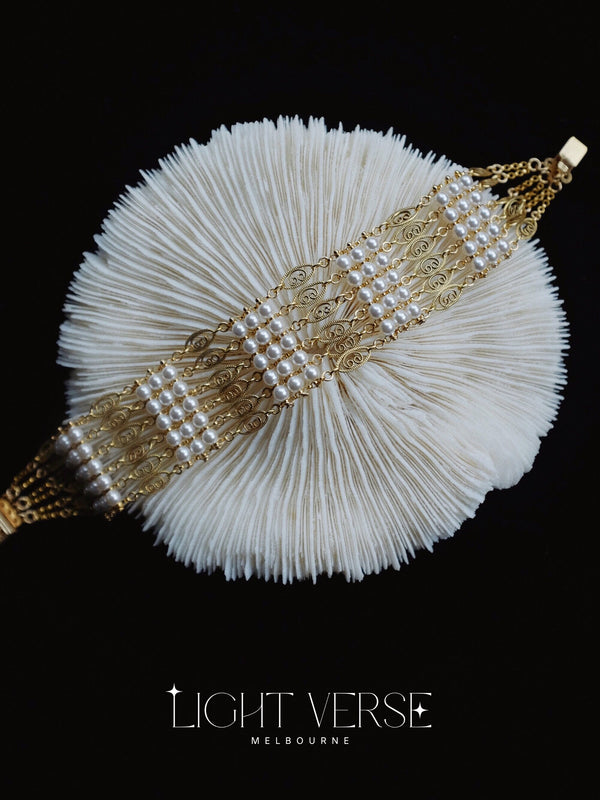 Golden Palmier - Natural Pearl Multistrand Wire Wrapped Bracelet, Classic and Elegant, Bridal Jewellery, Aesthetic Jewellery, Rare Find