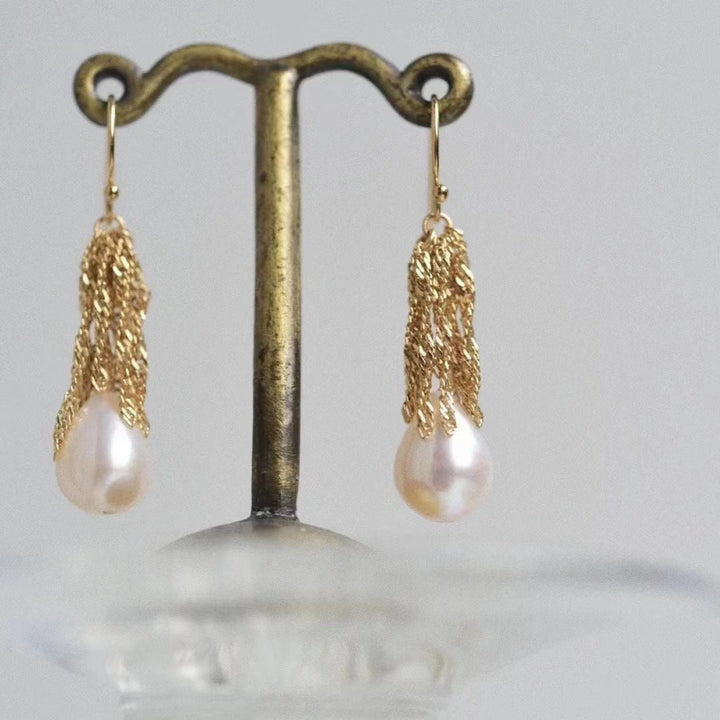 Whispering Melodies: Enchanting Fountain Tassel Earrings – 14K gold filled and Freshwater Pearls, Gift for Her, Wedding or Special Occasion