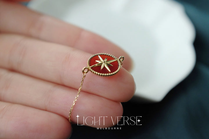 18k Solid Gold Red Agate Eight-Pointed Star Bracelet - Symbol of the Sun's Blessings, Lucky Charm, Protective, Energy Bracelet