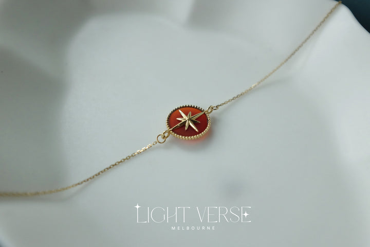 18k Solid Gold Red Agate Eight-Pointed Star Bracelet - Symbol of the Sun's Blessings, Lucky Charm, Protective, Energy Bracelet