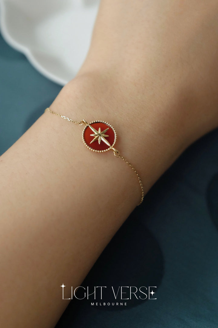 18k Solid Gold Red Agate Eight-Pointed Star Bracelet - Symbol of the Sun's Blessings, Lucky Charm, Protective, Energy Bracelet