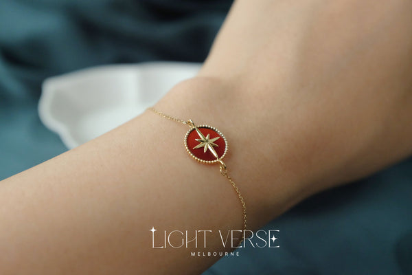 18k Solid Gold Red Agate Eight-Pointed Star Bracelet - Symbol of the Sun's Blessings, Lucky Charm, Protective, Energy Bracelet