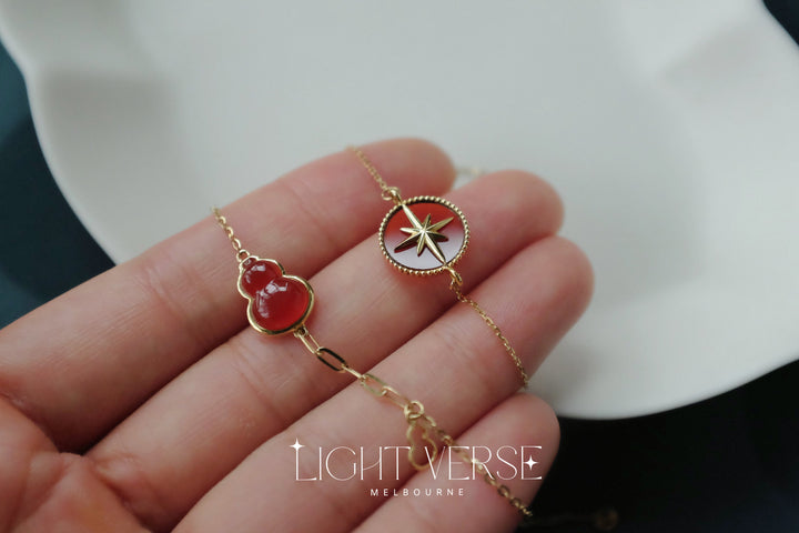 18k Solid Gold Red Agate Eight-Pointed Star Bracelet - Symbol of the Sun's Blessings, Lucky Charm, Protective, Energy Bracelet