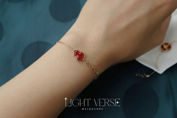 18k Solid Gold Red Agate Fulu (Bottle Gourd) Bracelet – Chinese Symbol of Good Fortune and Prosperity, Lucky Charm Bracelet