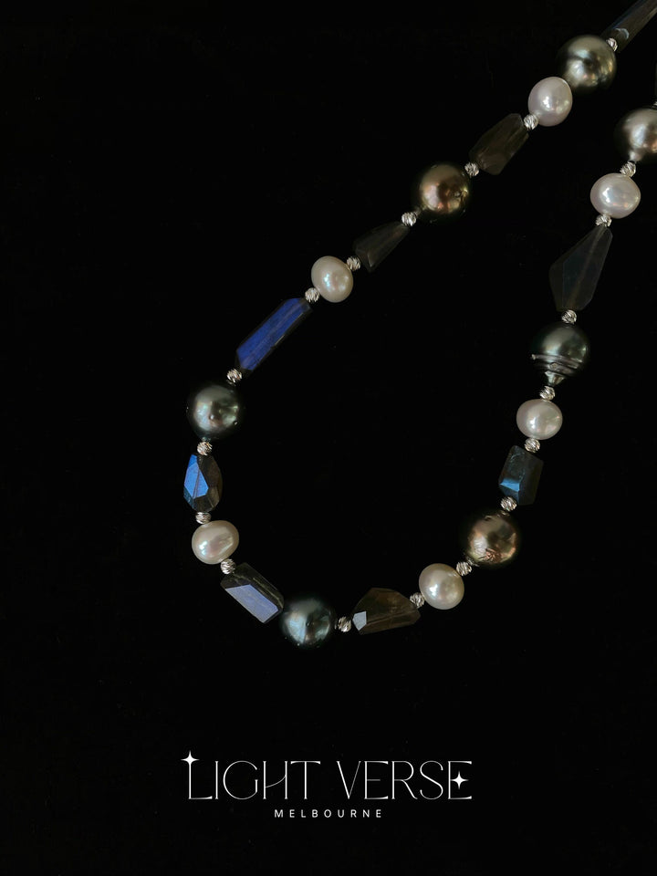 Enchanting Oasis Pearl Necklace: Mix of Natural Tahitian pearls, Freshwater Pearls, Silver Beads and Stones, Statement Piece