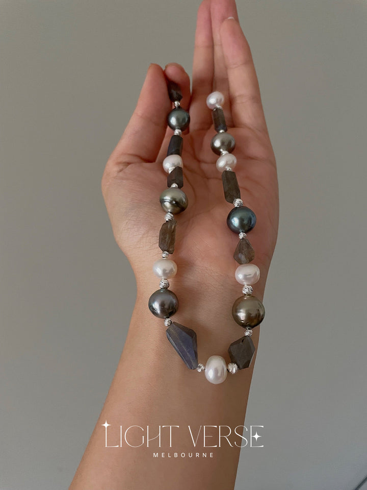 Enchanting Oasis Pearl Necklace: Mix of Natural Tahitian pearls, Freshwater Pearls, Silver Beads and Stones, Statement Piece