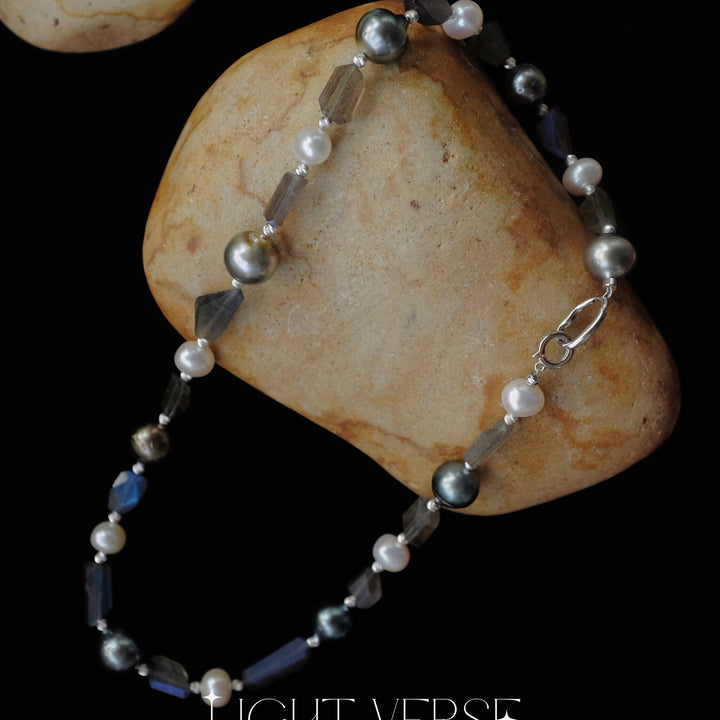 Enchanting Oasis Pearl Necklace: Mix of Natural Tahitian pearls, Freshwater Pearls, Silver Beads and Stones, Statement Piece