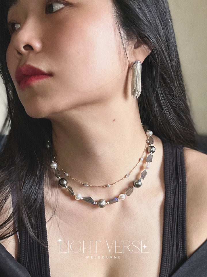 Enchanting Oasis Pearl Necklace: Mix of Natural Tahitian pearls, Freshwater Pearls, Silver Beads and Stones, Statement Piece