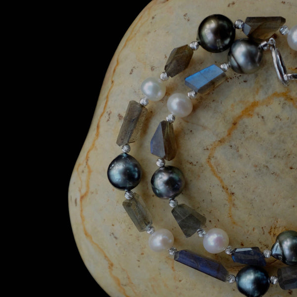 Enchanting Oasis Pearl Necklace: Mix of Natural Tahitian pearls, Freshwater Pearls, Silver Beads and Stones, Statement Piece
